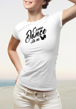 Woman wearing Zouk T-shirt decorated with unique “Come Dance with me” design in white crew neck style