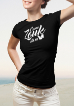 Woman wearing Zouk T-shirt decorated with unique "Come Zouk with me" design in black crew neck style