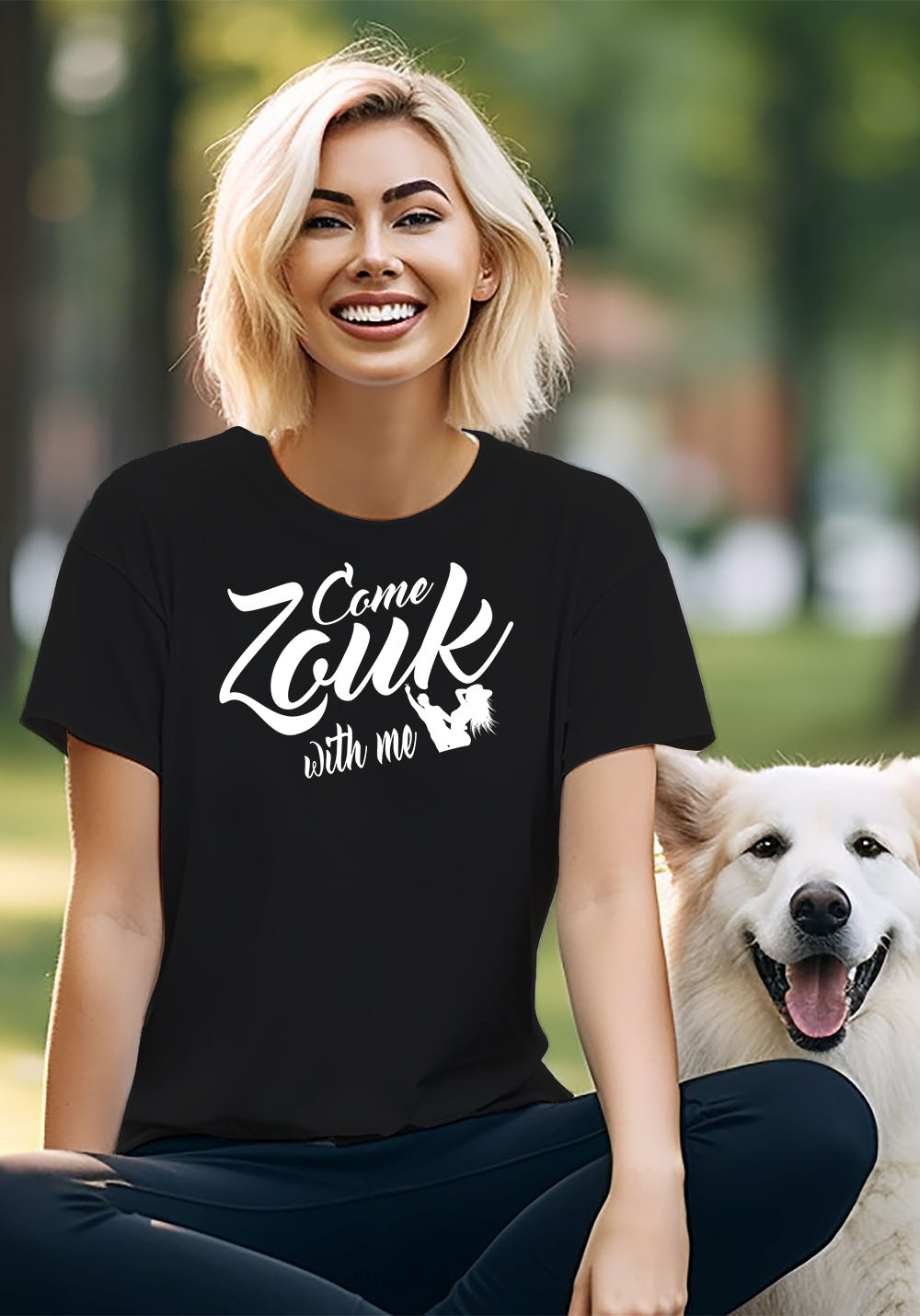 Woman wearing Zouk T-shirt decorated with unique “Come Zouk with me” design in black crew neck style