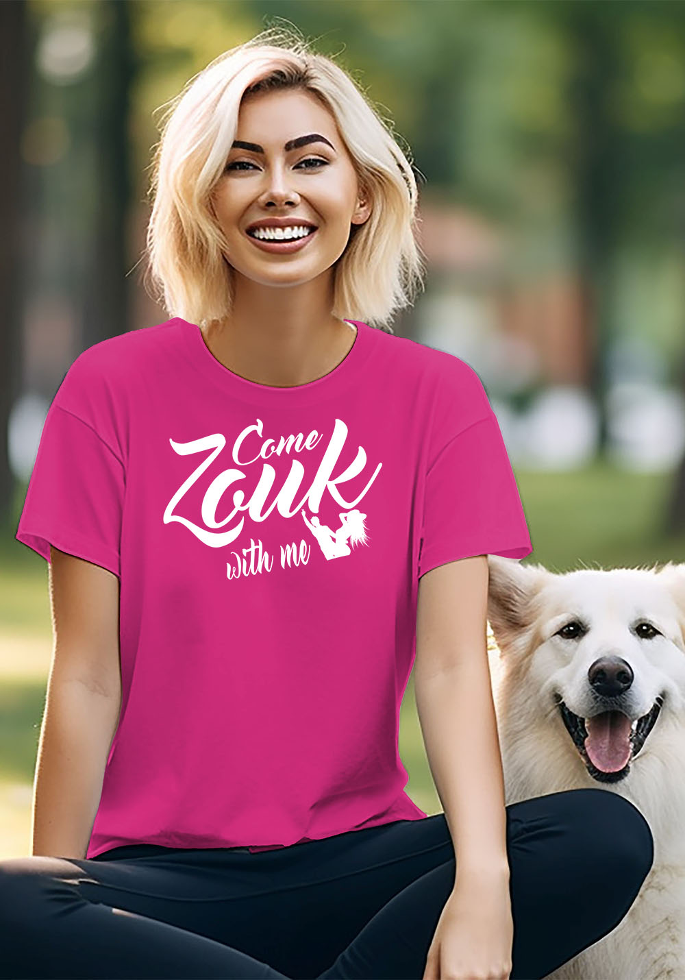Woman wearing Zouk T-shirt decorated with unique “Come Zouk with me” design in Hot Pink crew neck style