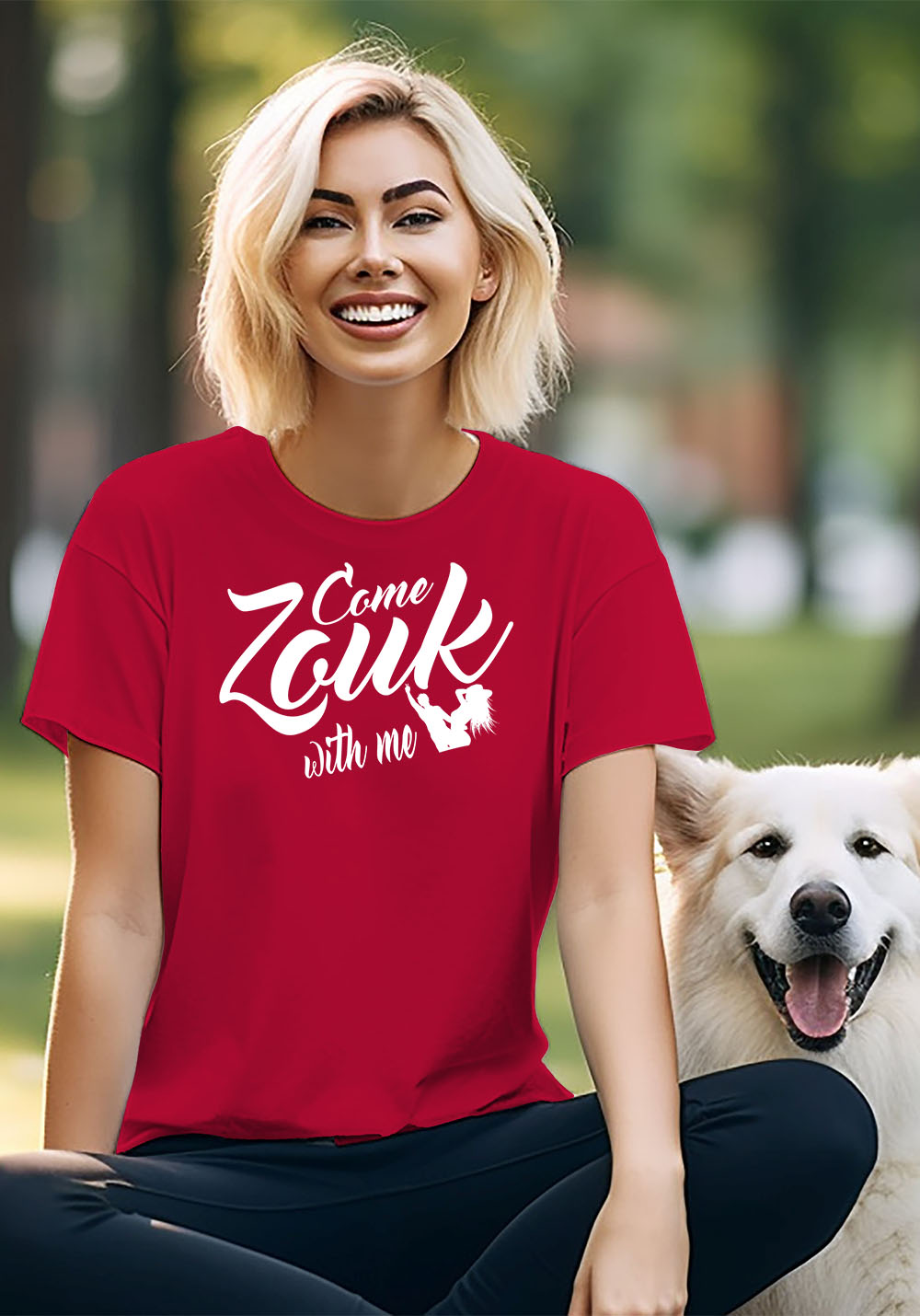 Woman wearing Zouk T-shirt decorated with unique “Come Zouk with me” design in red crew neck style