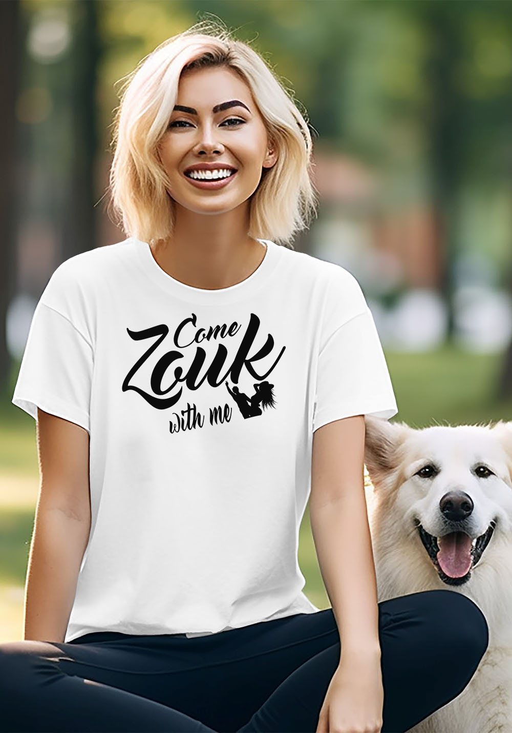 Woman wearing Zouk T-shirt decorated with unique “Come Zouk with me” design in white crew neck style