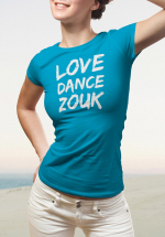 Woman wearing Zouk T-shirt decorated with unique “Love Dance Zouk” design in blue crew neck style