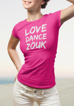 Woman wearing Zouk T-shirt decorated with unique “Love Dance Zouk” design in pink crew neck style