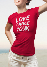 Woman wearing Zouk T-shirt decorated with unique “Love Dance Zouk” design in red crew neck style