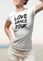 Woman wearing Zouk T-shirt decorated with unique “Love Dance Zouk” design in white crew neck style