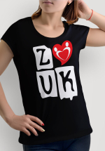 Woman wearing Zouk T-shirt decorated with "deeply connected Zouk Dancers in a unique heart design (black, crew neck style) close-up