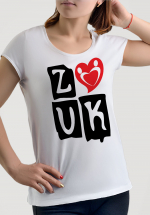 Woman wearing Zouk T-shirt decorated with “deeply connected Zouk Dancers in a unique heart design (white, crew neck style) close-up