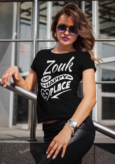 Woman wearing Zouk T-shirt decorated with unique "Zouk is my happy place" design (black crew neck style)
