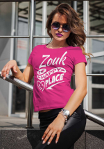 Woman wearing Zouk T-shirt decorated with unique “Zouk is my happy place” design (pink crew neck style)