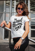 Woman wearing Zouk T-shirt decorated with unique “Zouk is my happy place” design (white crew neck style)