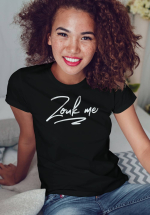 Woman wearing Zouk T-shirt decorated with unique "Zouk me" design (black crew neck style)