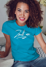 Woman wearing Zouk T-shirt decorated with unique “Zouk me” design (blue crew neck style)