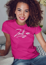 Woman wearing Zouk T-shirt decorated with unique “Zouk me” design (pink crew neck style)