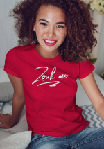 Woman wearing Zouk T-shirt decorated with unique “Zouk me” design (red crew neck style)