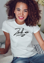 Woman wearing Zouk T-shirt decorated with unique “Zouk me” design (white crew neck style)